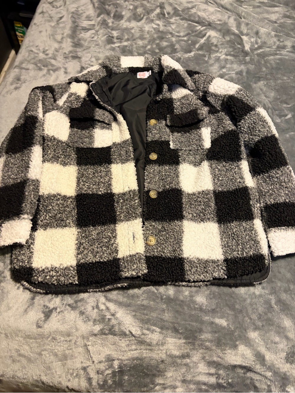 wonder nation Black, White & Gray Buffalo-Check Sherpa Coat